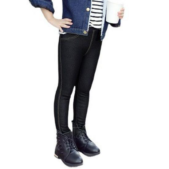 Girls' Korean-Style Warm Velvet Leggings for Autumn & Winter - Denim Look, Slim Fit for Kids