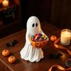 Vintage Style Ornament Halloween Ghost Figurine with Pumpkin Candy Bowl Cute Resin Statue Freestanding Desktop Light Trick or Treat Holder for Front