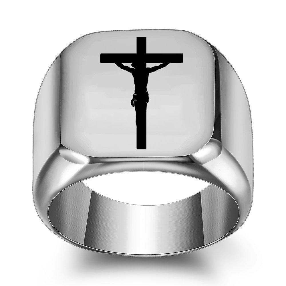 European & American Laser Engraved 18MM Stainless Steel Cross Square Ring - Smooth, Simple, Retro Design Size 14