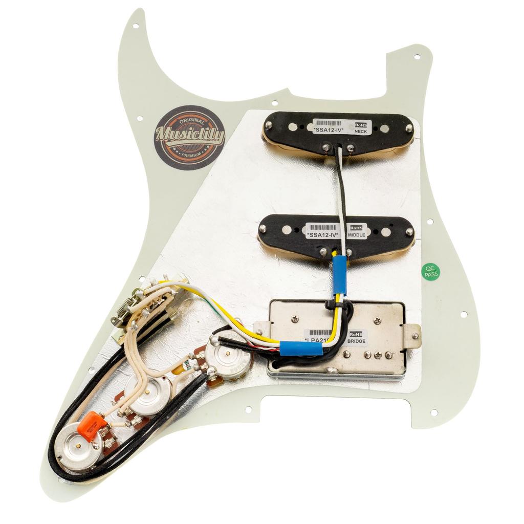 Musiclily Pro HSS ST Pre-wired Pickguard with Artec Alnico 5 Pickup Set for Strat Electric Guitar, 3-Piece Aged White