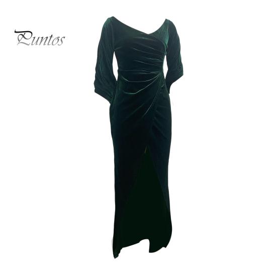 

Женское вечернее платье, обтягивающее, плиссированное, с открытыми плечами, разрезом, рукавами до локтя, для ежегодного симпозиума, свадьбы, выпускного вечера, макси-платья, бальное платье S зелёный