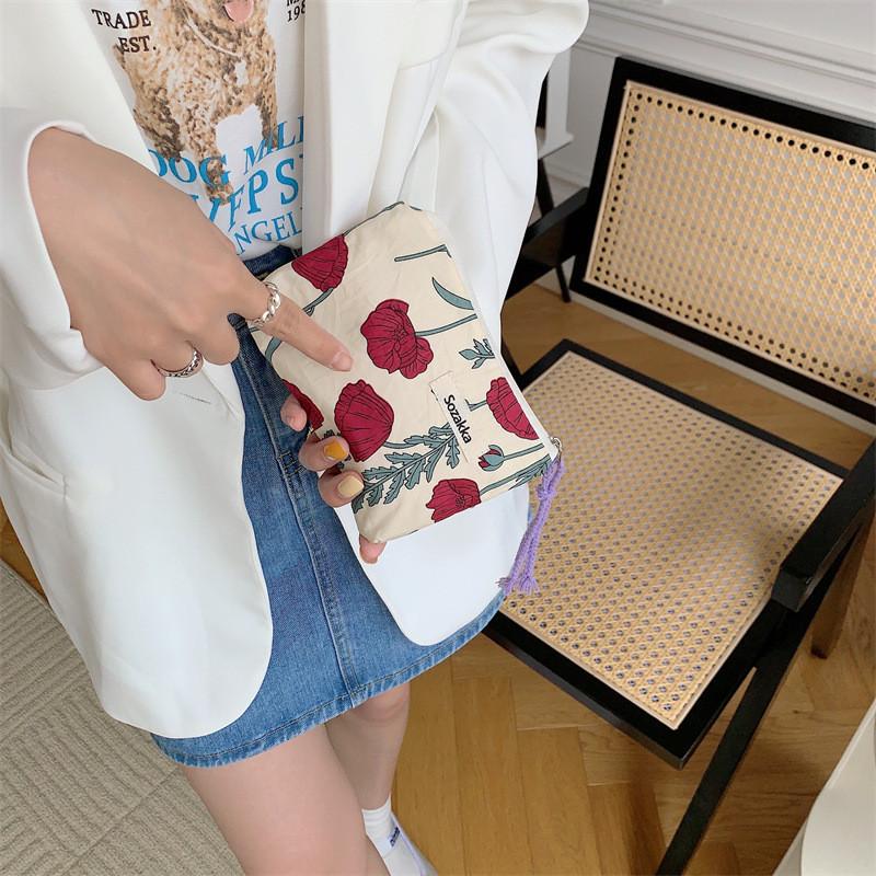 Trendy Street Style Cotton Makeup Bag Floral Design Soft Drawstring Pouch
