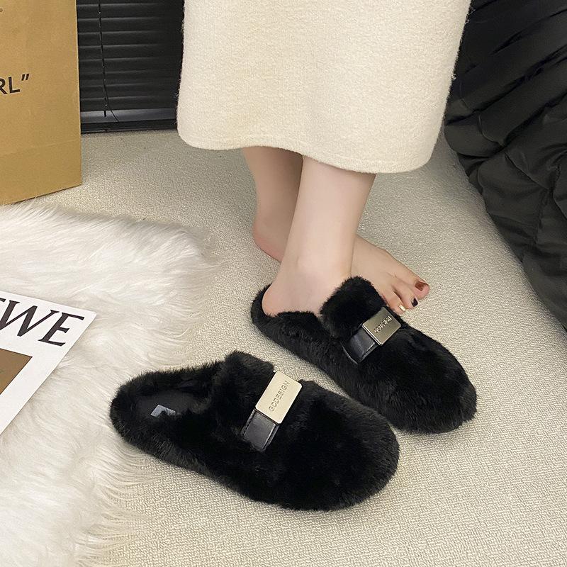 Thick-soled Heightening Fluffy Slippers for Women To Wear 2025 Autumn and Winter New Lazy One-pedal Plush Cotton Slippers for Women