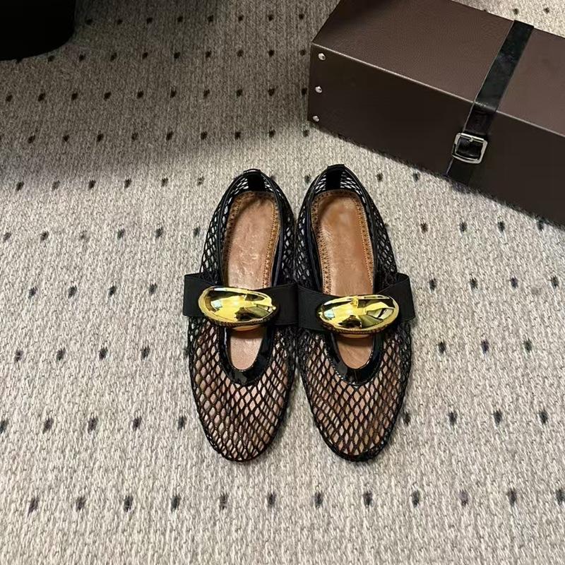 Niche Design Metal Elastic Band Mesh Ballet Shoes Women's Hollow Shallow Mouth Breathable Mary Jane Single Shoes