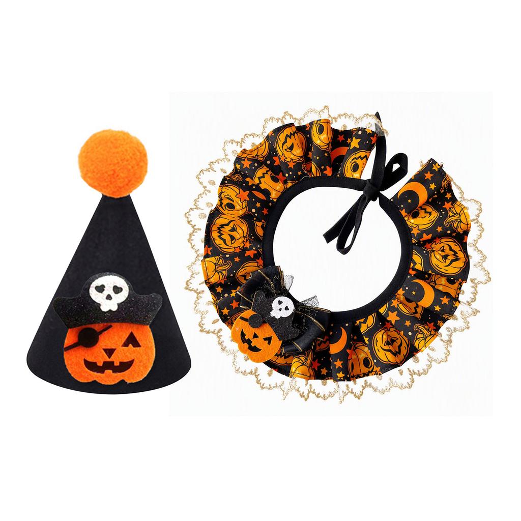 Pet Halloween Lace Bib Collar Adjustable Pumpkin Scarf Cotton Neckwear for Cats Small Dogs Costume Party