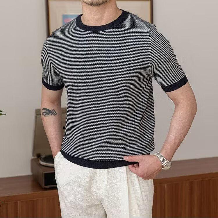 

Мужская летняя трикотажная футболка в полоску из ледяного шелка, облегающего кроя 2XL