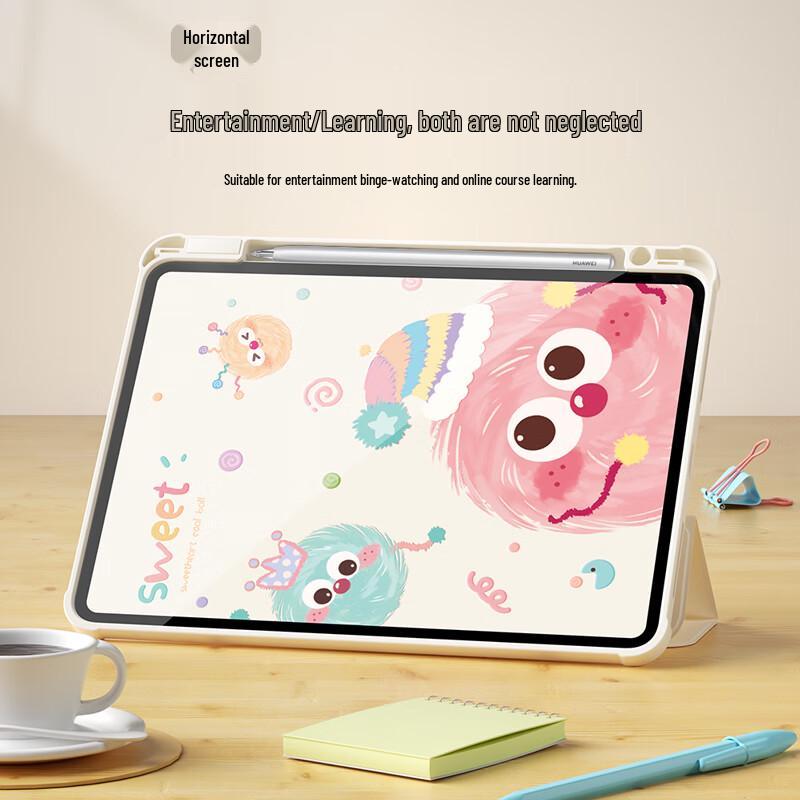 QBOSS Huawei MatePad Rotating Case with Pen Slot - Colorful Sootball Design