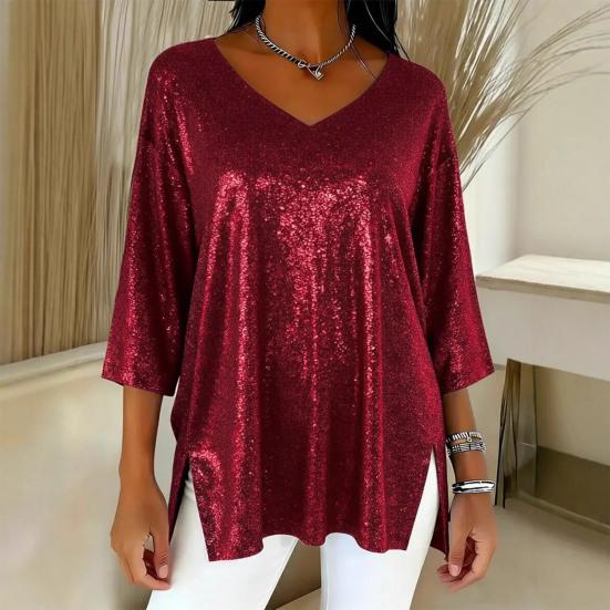 Women Tops V-Neck 3/4 Sleeves Loose Fit Pullover Tops Solid Color Loose Fit Glossy Design Casual Tops Women Clothing