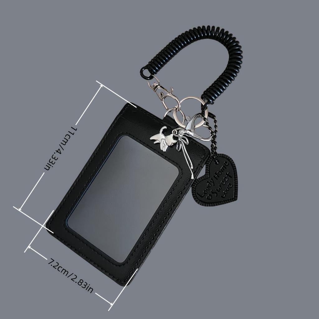 Černé pouzdro na studentskou ID kartu z umělé kůže se stříbrným přívěskem kočičí mašle, pouzdro na kampusovou kartu z umělé kůže, organizér na fotokarty ve stylu Kpop se šňůrkou