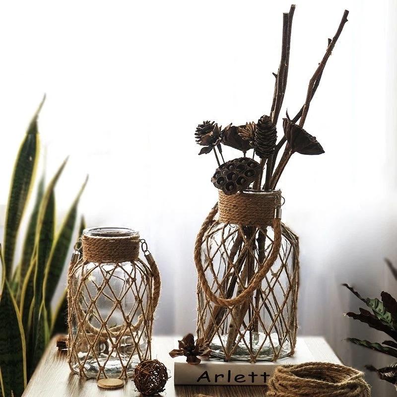 Rustic Hanging Glass Vase with Rope Net – Transparent Flower Vase with Hemp Rope for Home, Living Room & Table Decoration