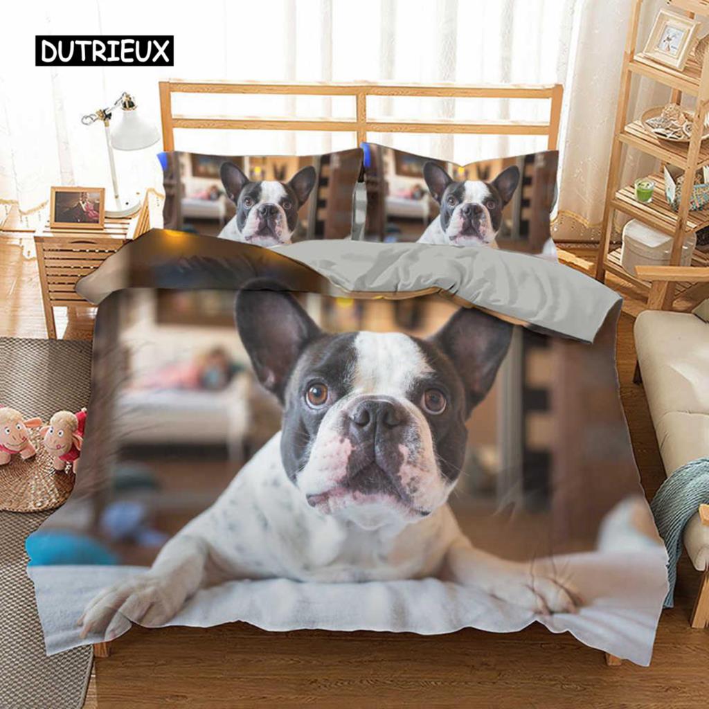 Sett med dynetrekk for fransk bulldog, King size, Søt valp, Dyretema, Sengetøy for barn og tenåringer, Polyester, 2/3 deler, Mykt dynetrekk