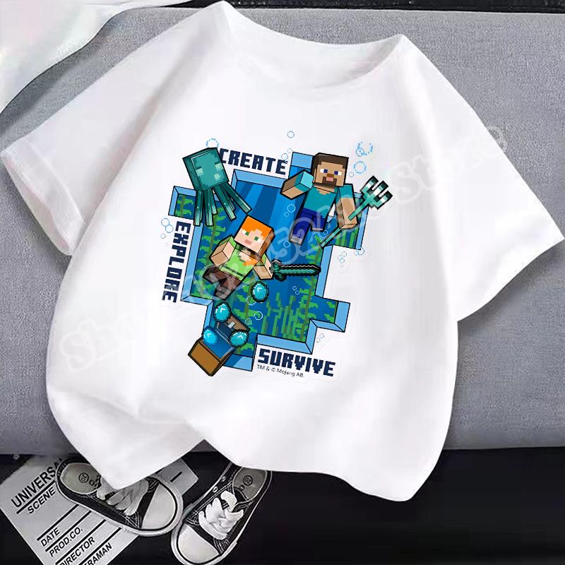 Miner Crafted Child Round Neck Cotton T-Shirt Game Themed Print Short Sleeve Top Casual Tees for Boys Summer Clothing Kids Gifts