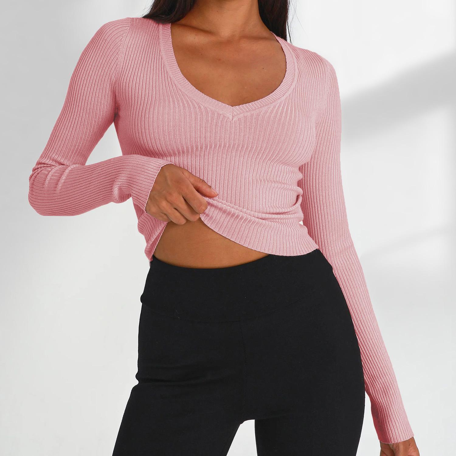 

Осенний женский вязаный топ Y2K, однотонные базовые футболки, пуловеры с v-образным вырезом и длинными рукавами, свитер, одежда L розовый