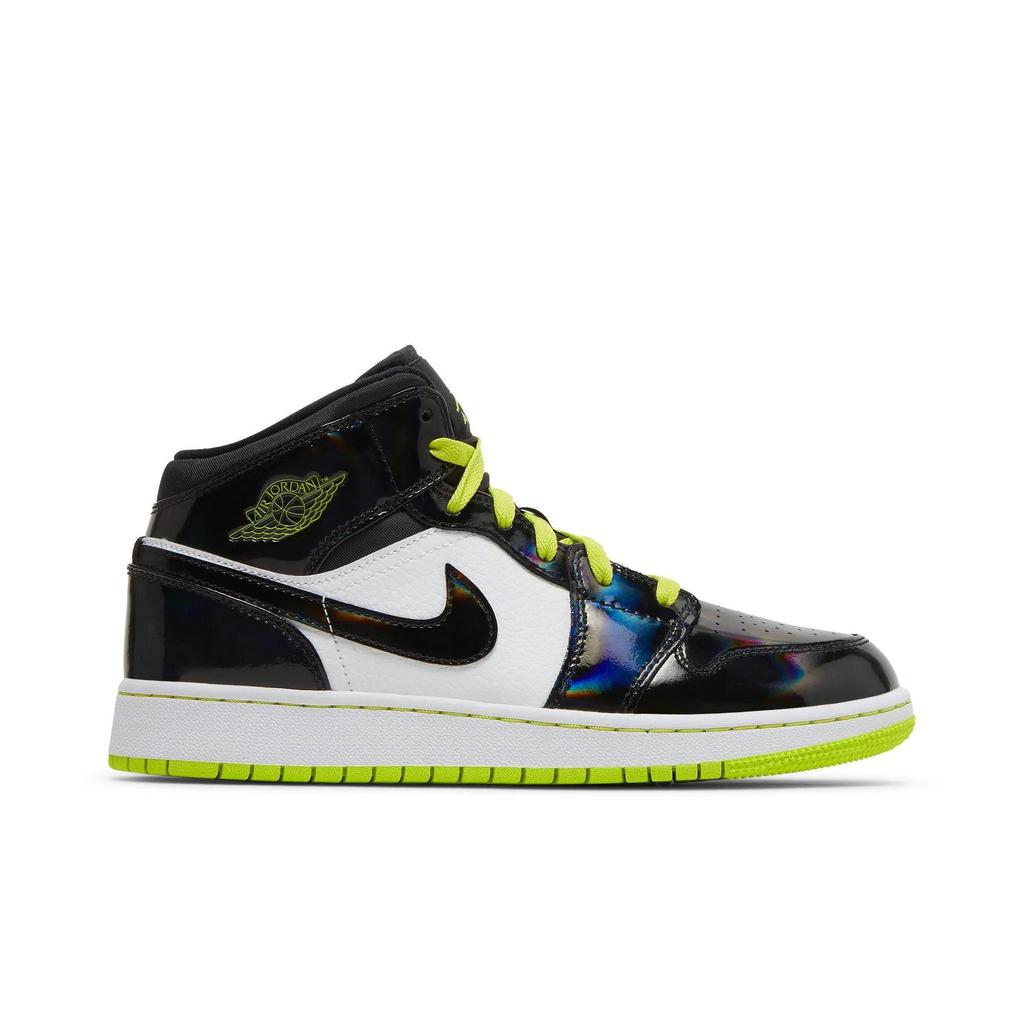 Air Jordan 1 Mid SE Grade School 'Black Cyber' (Unisex) Black / Cyber-White-Mystic Green Kids' Basketball Shoes BQ6931 003