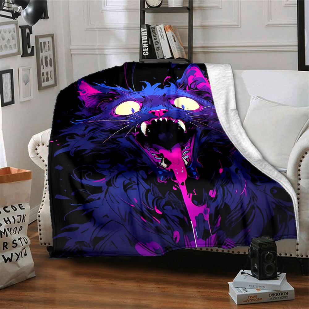 1pc Neon Kitty "Purple Purr" Blanket, Lightweight Flannel Throw Blanket For Sofa, Bed, Travel, Camping, Living Room, Office, Couch, Chair, And Bed
