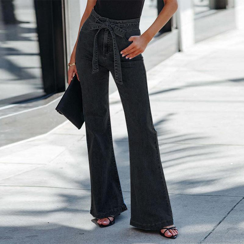 

Women s Mid Rise Washed Denim Jeans with Belt and Slight Flare 2026 Jeans Washed Mid Waist Micro Lapped Belt Denim Trousers 2XL чорний