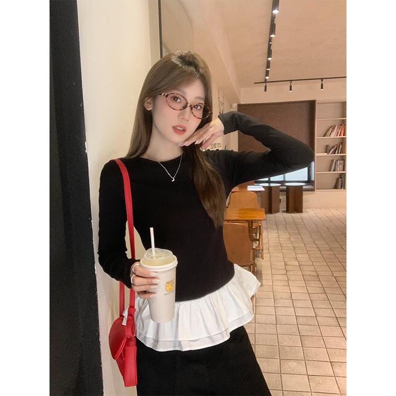 Korean Design Fake Two-piece Ruffled Long-sleeved Bottoming Shirt for Women In Autumn and Winter Brushed Plus Velvet Thickened Warm Top