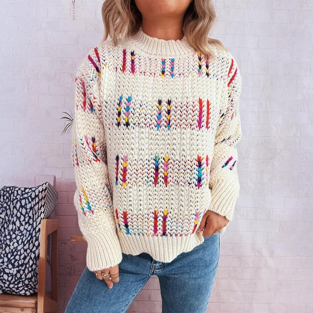 Women's Casual Cute Style Colorful Striped Plaid Contrast Color Knitted Pullover Sweater