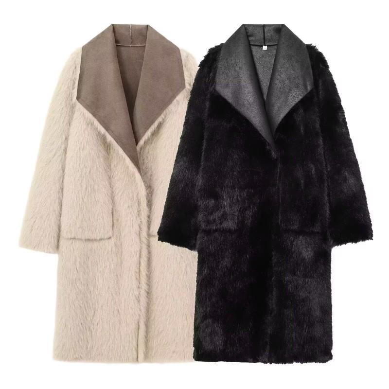 Womens Double-Sided Faux Fur Long Coat Winter Streetwear Oversized Hoodless Jacket Black Khaki