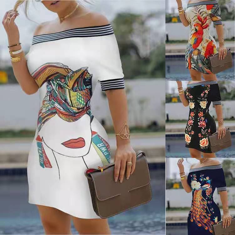 Women Clothing Off-shoulder Print Slim Fit Sexy Maxi Dress
