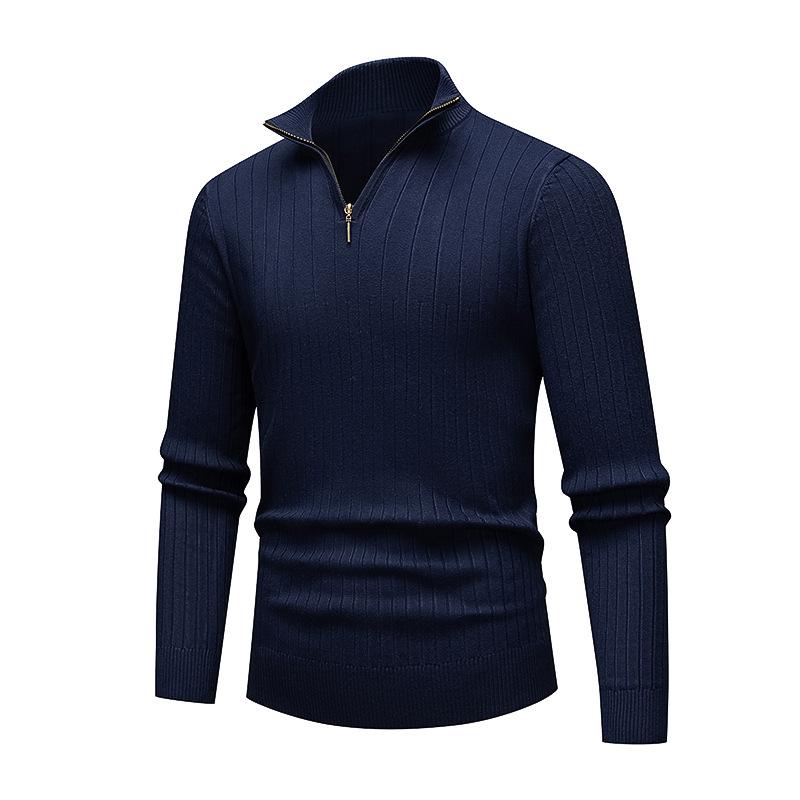 Men's European-American Half-Zip Solid Color Knit Sweater with Vertical Stripes