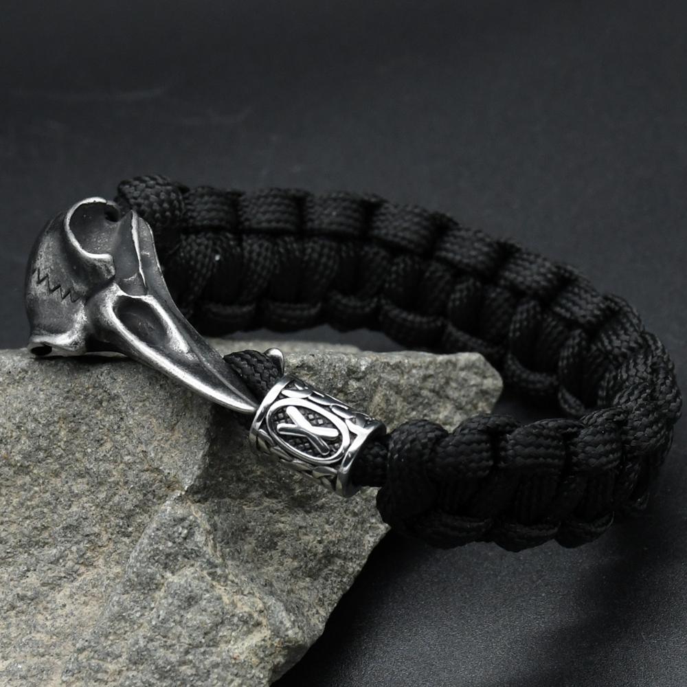 

Stainless Steel Viking Odin Raven Skull Bracelet Men Women Gothic Diy Valkut Teiwaz Beads Wicca Jewelry Accessories length 25cm