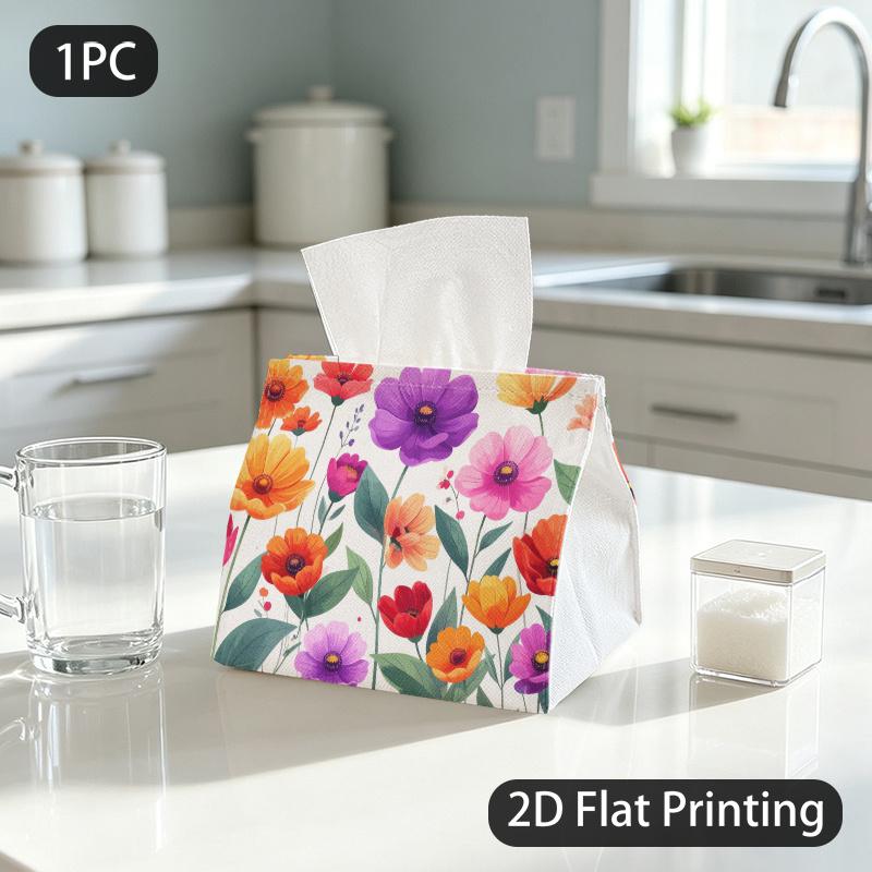 1pc Tissue Box, Watercolor Style Colorful Blooms Cheerful Mood Pattern, 2D Flat Printing, Serves Multiple Purposes, Machine Washable, Napkin Box, for