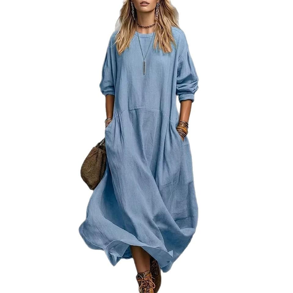 European and American autumn solid color casual vacation style round neck long sleeve pocket cotton and linen blend dress