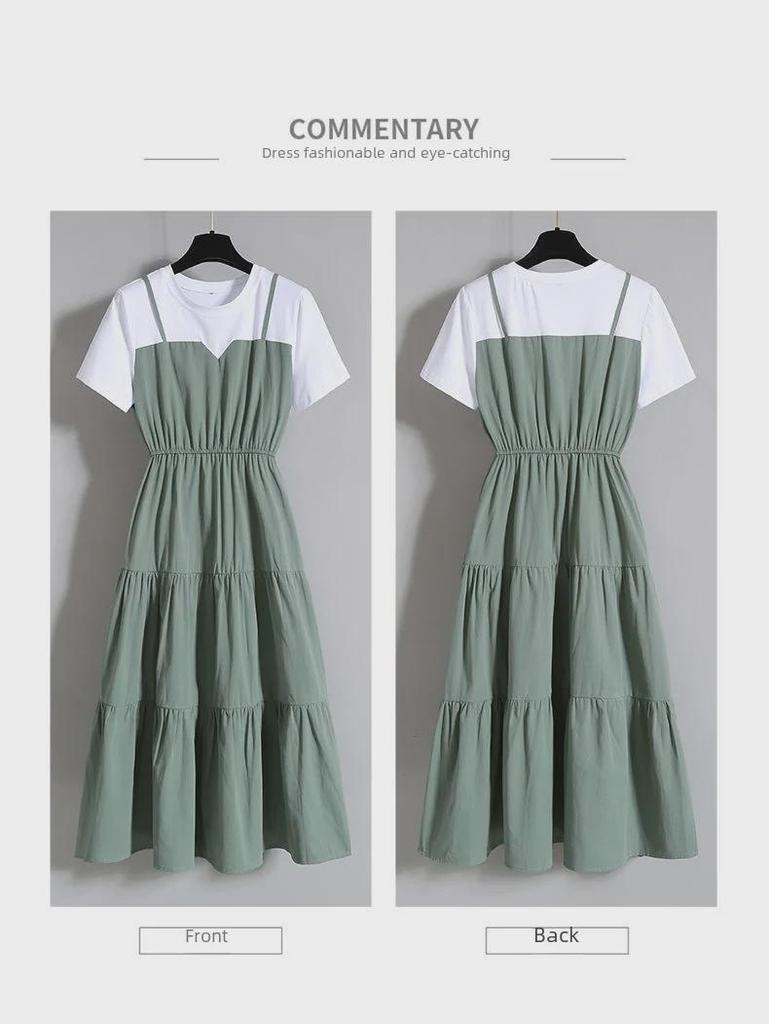 Plus Size Women's Summer Faux Two-Piece Short-Sleeve Slimming Dress