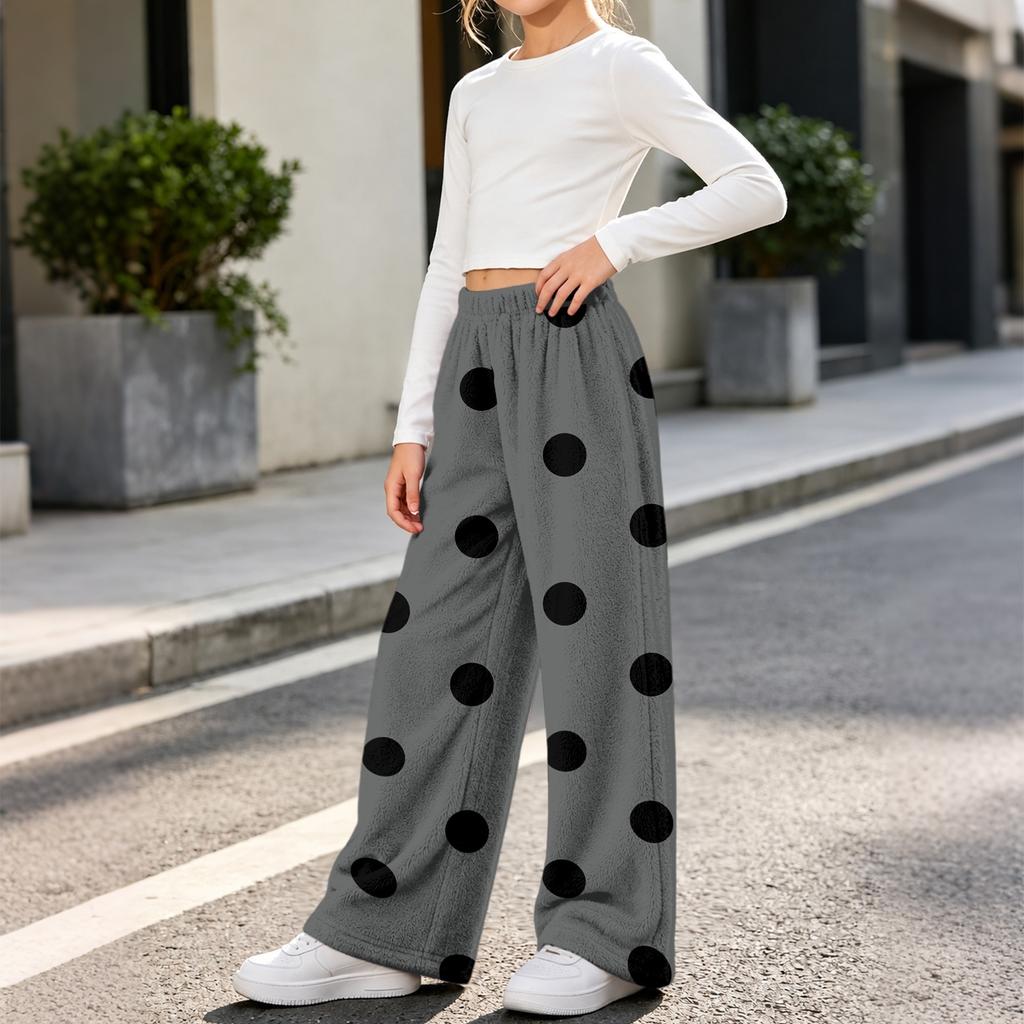 Mädchen Flanellhose mit Polka-Dot-Print Warm Lockerer Schnitt für Herbst und Winter Freizeitkleidung