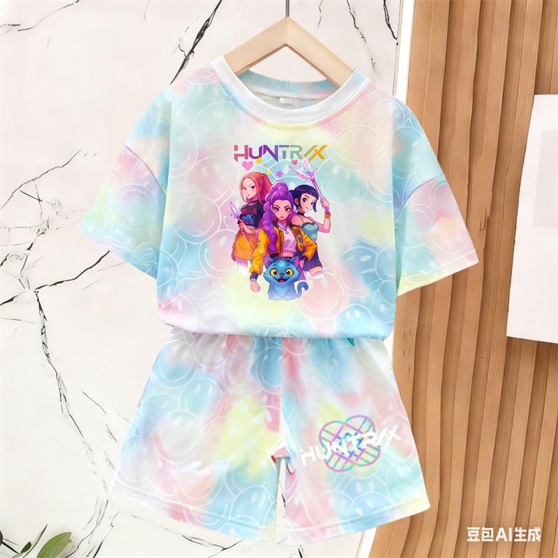 Children and Girls Multi- Tie Dye Huntrx Gold Text Stage Cartoon Girl Pattern T-shirt Smiling Face Pattern Shorts 120
