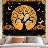 Tree Of Life Tapestry,Boho Design With Golden Tree,Moon Stars And Feathers On Black Background Print Wall Hanging For Home Decor