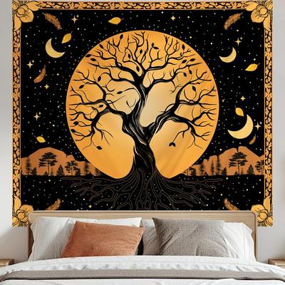 Tree Of Life Tapestry,Boho Design With Golden Tree,Moon Stars And Feathers On Black Background Print Wall Hanging For Home Decor