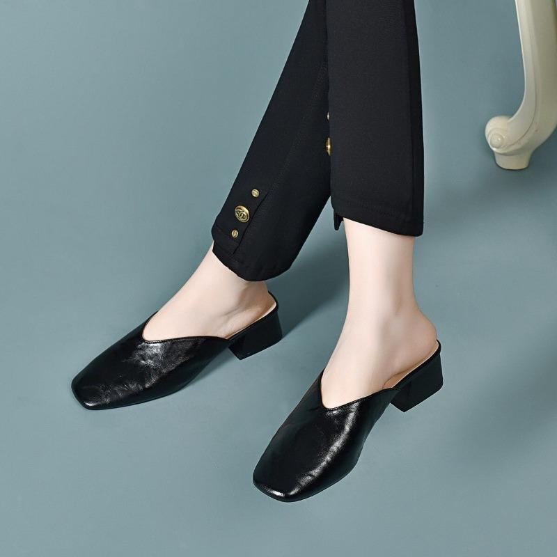 

thick heel square head bag head drag leather half slippers women s versatile medium heel sandals women s brown outer wear drag 35