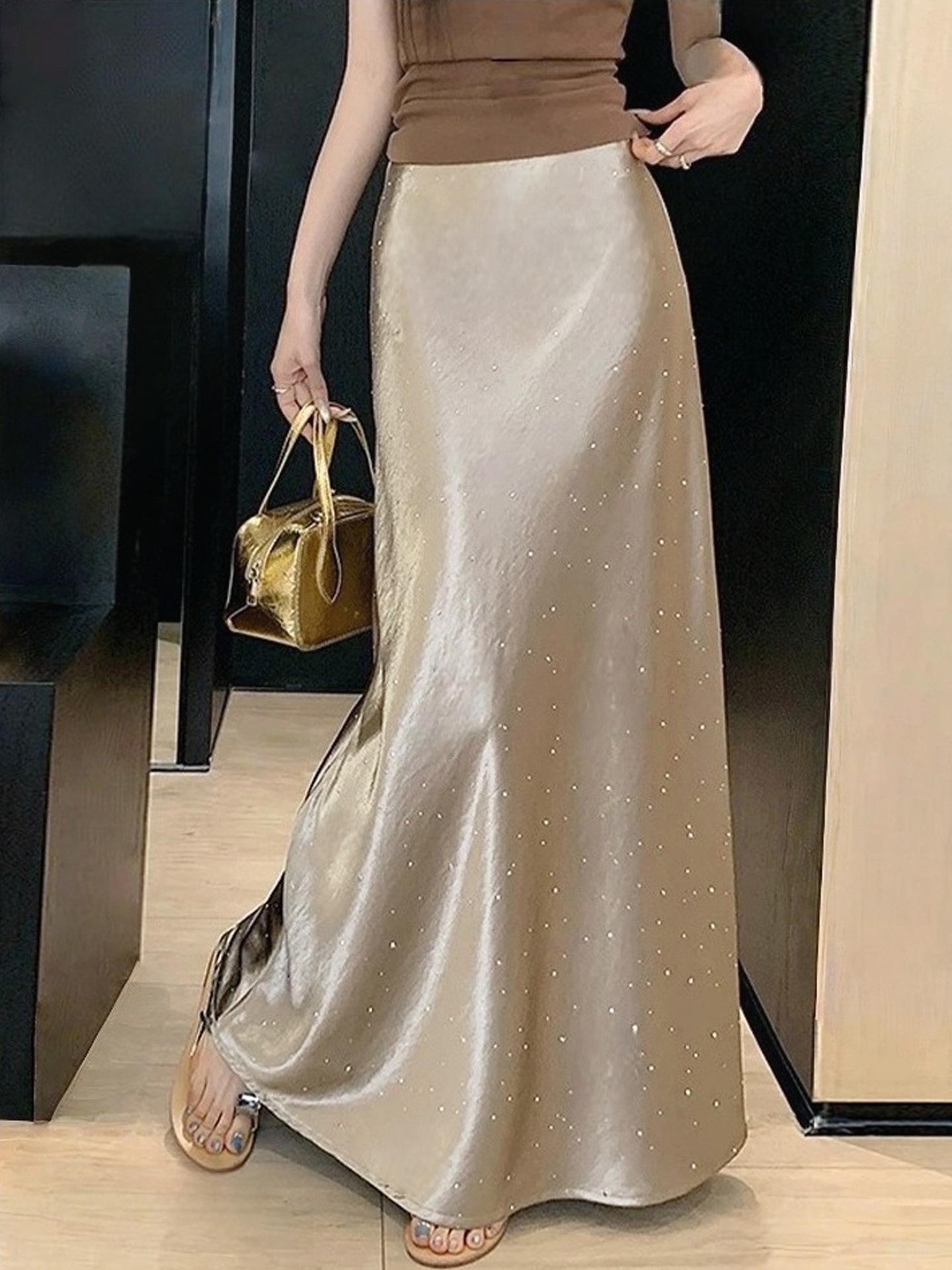 Women s 2026 Acetate Satin Rhinestone High-Waist A-line Fishtail Skirt Medium