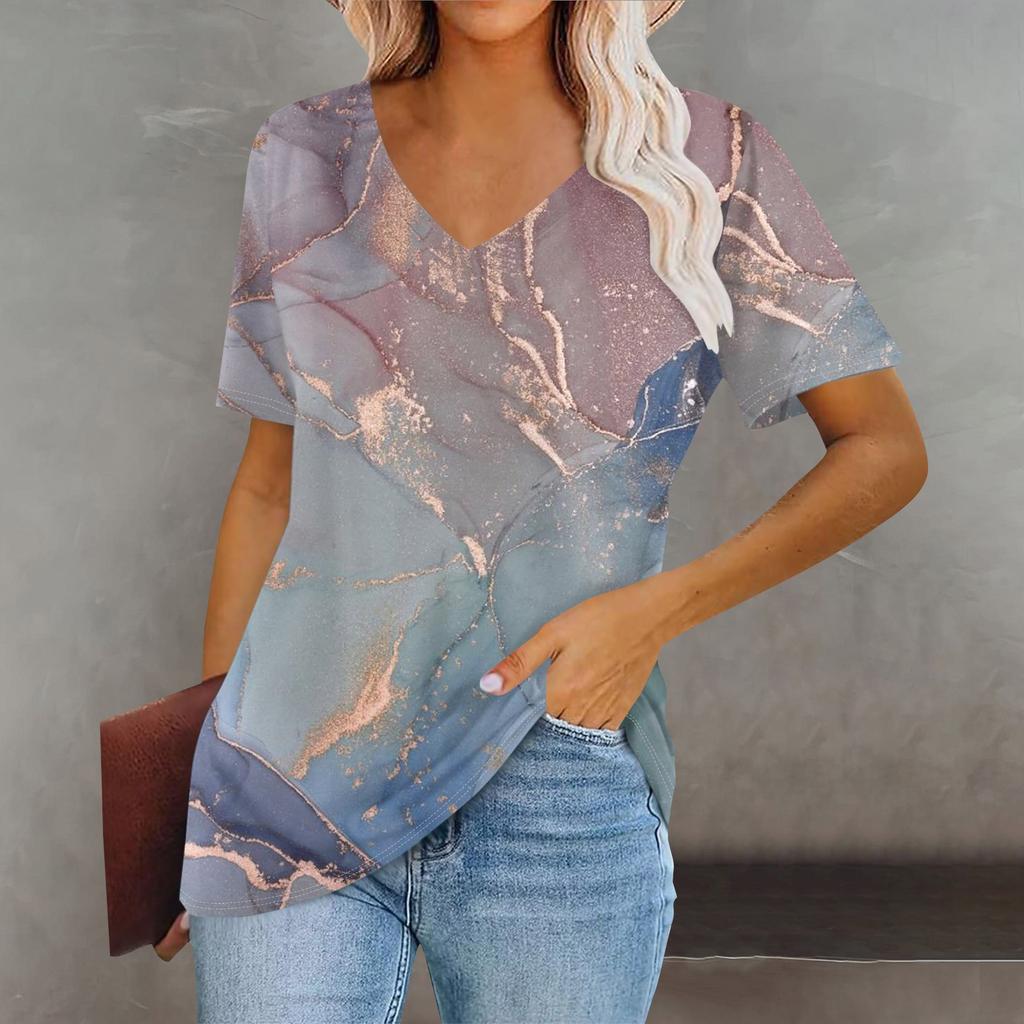 Women's Fashion V-Neck Classic Loose Big Barite 3D Print Casual Short Sleeve T-Shirt