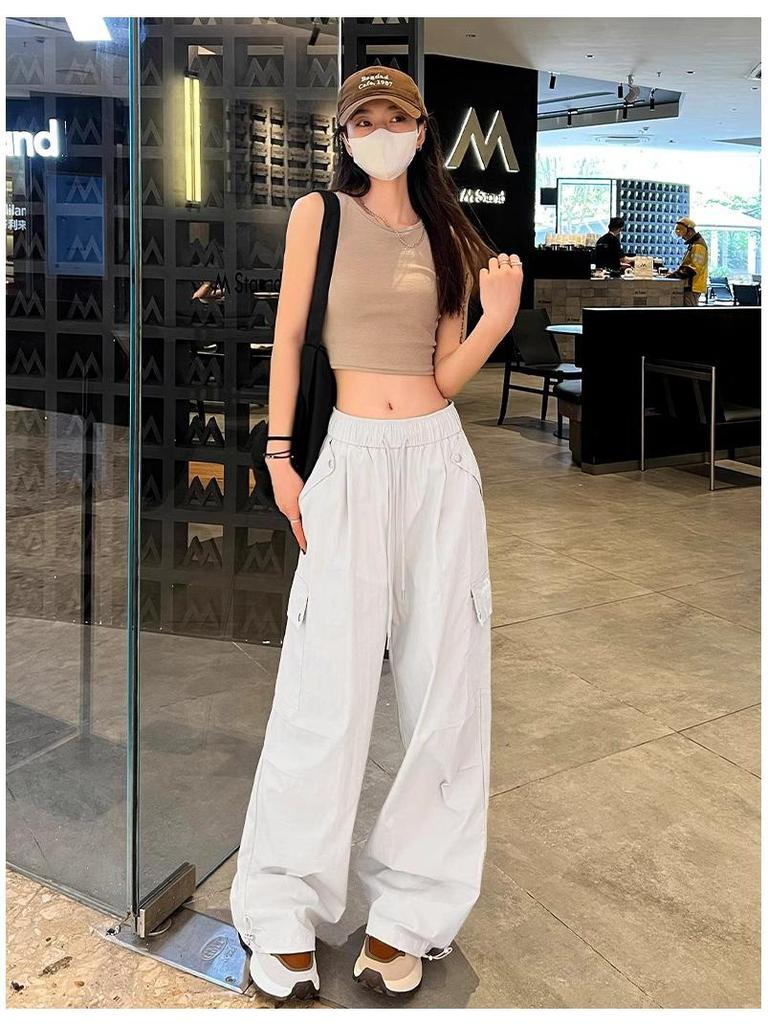 Women's High-Waist Apricot Cargo Pants - Petite Wide-Leg, Spring/Autumn, Casual American Sports Style.