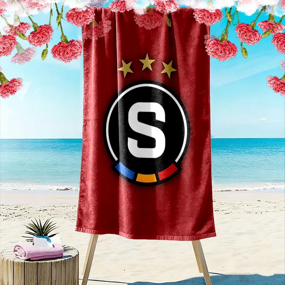 "Red Background Logo with Stars and S" Patterned beach towel quick dry perfect for travel outdoor sports jogging the beach and swimming