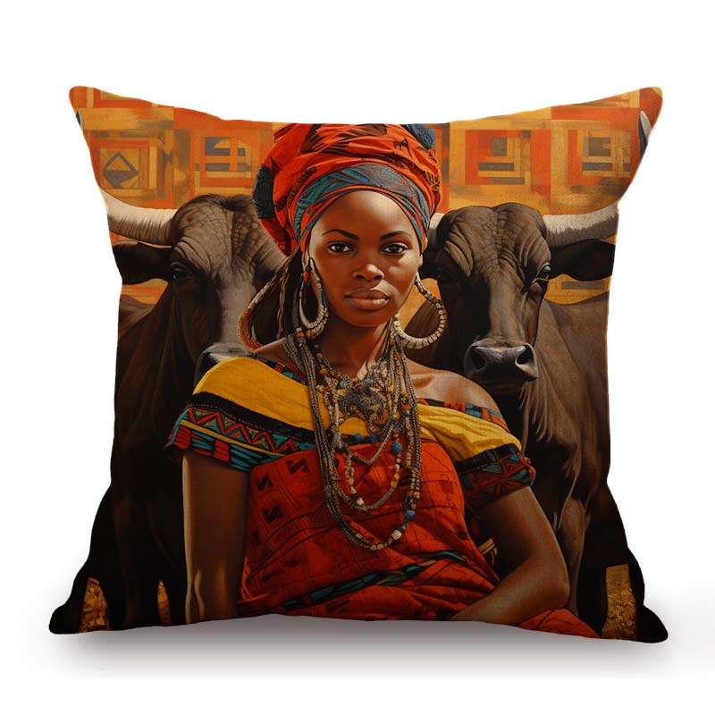 Beautiful African Girl Traditional Africa Costume Fashion Art Lady Oil Painting Ethnic Style Sofa Pillow Case Cushion Cover