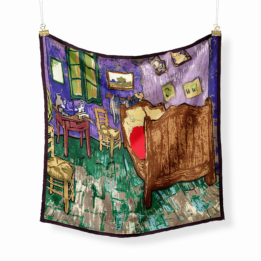 Famous Oil Painting Twill 100% Silk Scarf Fashion Bandana Women Scarf Wraps 53cm Square Scarves Hijab Head Scarf Neckerchief