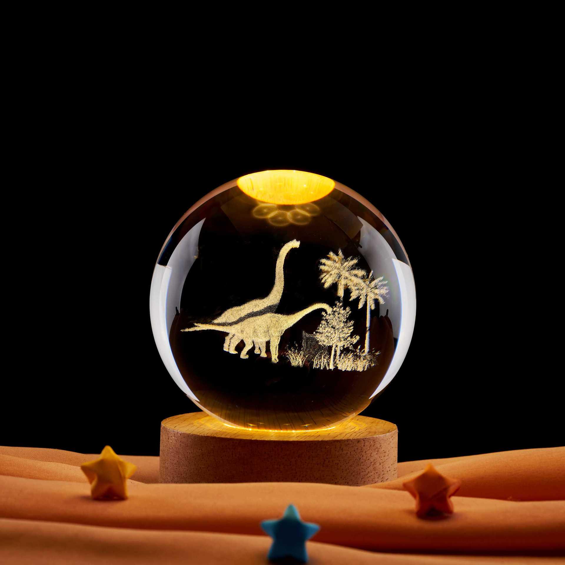 3D Carved Dinosaur Glass Ball Night Light - Creative Cartoon Crystal Ornament & Birthday Gift
