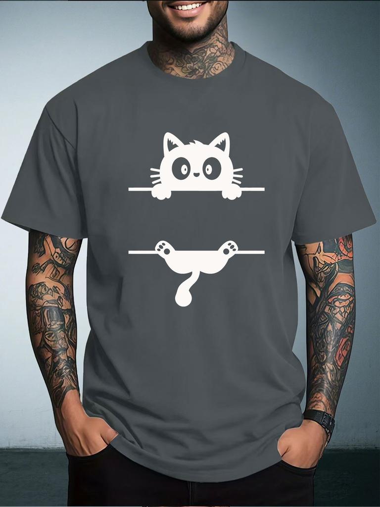 Unisex Summer Crew Neck T Shirt Cute Split Black Cat Graphic Print Loose Short Sleeve Casual Streetwear Daily Wear Tops