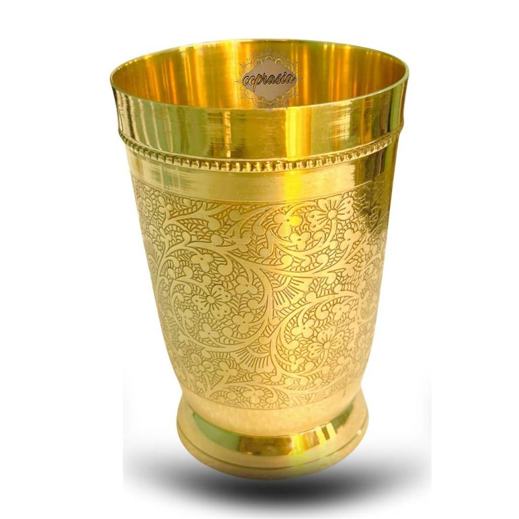 Brass Dining Glass || Drinking Brass Glass || Brass Tumbler with Embosed Design - Capacity 300 ml (Pack of 1 Glass)
