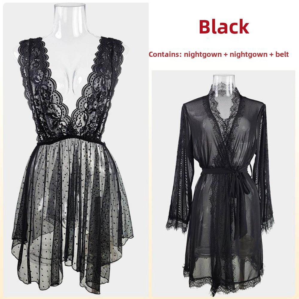 Krajkové pyžamo Dutý župan bez zad Perspective Puntíkatá síťovaná sukně sukně župan sada