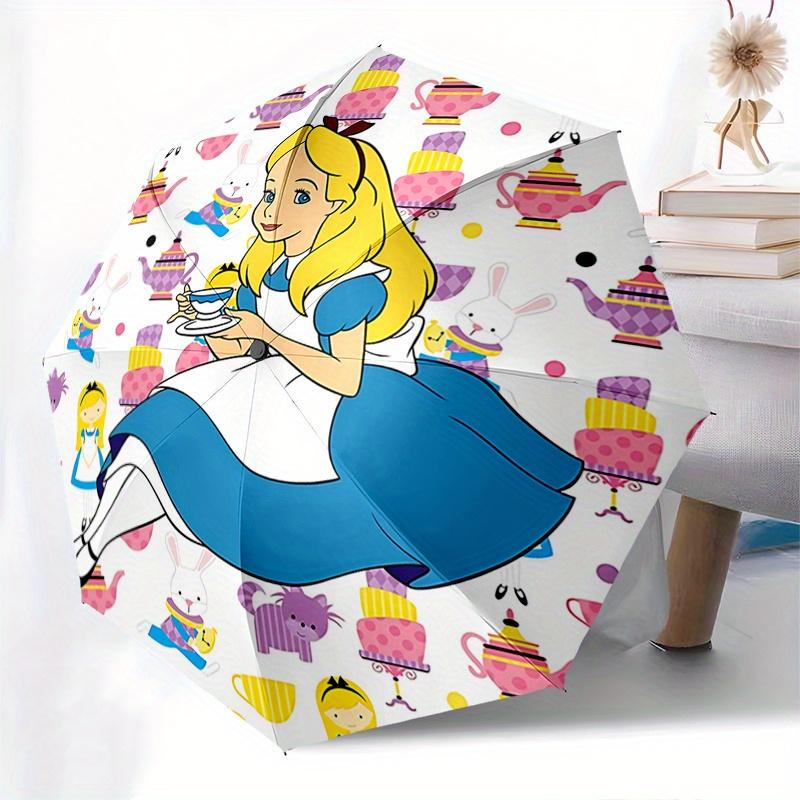 Disney Alice, Wonderland Automatic Open/Close Umbrella - Cute Umbrella with Cute Design, Portable 3-Fold Compact Umbrella for Men & Women, V