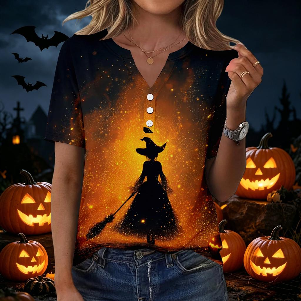 Women's Casual Halloween Print V Neck Button Front Three Quarter Sleeve T Shirt Top for Everyday Wear and Seasonal Occasions