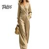 Lässiges Damen-Outfit, Damen-Langarm-2-Teiler-Sets, Oberteil mit unregelmäßigem Saum und V-Ausschnitt, Anzug aus Polyesterfaser und passende Wide-Leg-Hosen für Reise und Urlaub