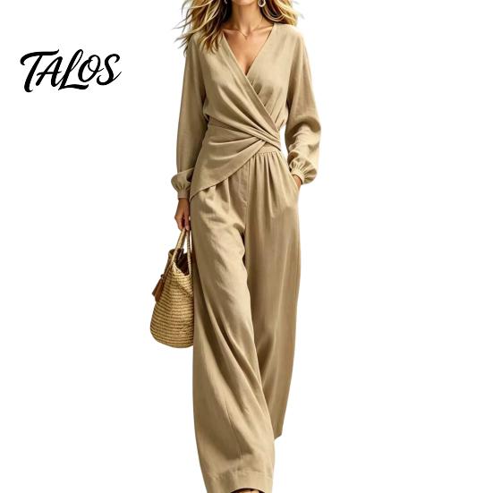 Lässiges Damen-Outfit, Damen-Langarm-2-Teiler-Sets, Oberteil mit unregelmäßigem Saum und V-Ausschnitt, Anzug aus Polyesterfaser und passende Wide-Leg-Hosen für Reise und Urlaub