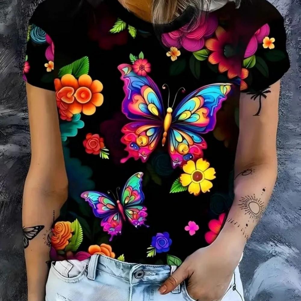 Sommer Damen 3D-Druck Rundhals T-Shirt Mode Vielseitig Atmungsaktiv Trend Lässig