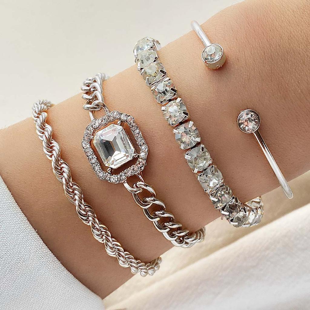 IPARAM 4 Piece Set Luxurious Bracelets for Women Crystal Shiny Adjustable Opening Chain Bracelets Punk Bangle Fashion Zircon
